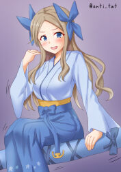 Rule 34 | 1girl, anti (untea9), asakaze (kancolle), blue bow, blue eyes, blue hakama, blush, bow, breasts, brown hair, forehead, furisode, gradient background, gradient hair, hair bow, hair ribbon, hakama, hakama skirt, hat, highres, japanese clothes, kantai collection, kimono, light brown hair, long hair, looking at viewer, medium breasts, meiji schoolgirl uniform, mini hat, mini top hat, multicolored hair, open mouth, parted bangs, pink background, ribbon, sitting, skirt, smile, solo, top hat, wavy hair, white kimono