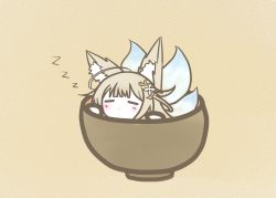 Rule 34 | 1girl, animal ear fluff, animal ears, azur lane, chibi, cup, closed eyes, fox ears, fox girl, fox tail, in container, in cup, koti, large tail, long hair, multiple tails, shinano (azur lane), simple background, sleeping, solo, tail, white tail, yellow background