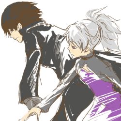 Rule 34 | 00s, 1boy, 1girl, brown hair, darker than black, dress, expressionless, from side, hei (darker than black), hetero, holding hands, jacket, long sleeves, lowres, profile, purple dress, red eyes, running, silver hair, simple background, upper body, white background, yin (darker than black)