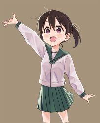 Rule 34 | 1girl, arm up, black hair, brown background, commentary request, decocharaseal, green skirt, highres, kuraue hinata, long hair, open mouth, purple eyes, school uniform, serafuku, shirt, simple background, skirt, smile, solo, twintails, waving, white shirt, yama no susume