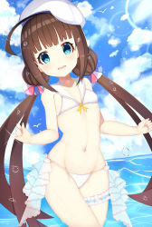 Rule 34 | 10s, 1girl, absurdres, ahoge, bare arms, bare shoulders, beret, bikini, bird, blunt bangs, blush, bridal garter, cloud, day, female focus, hat, head tilt, highres, hinatsuru ai, huge ahoge, leaning to the side, light rays, long hair, looking at viewer, low twintails, navel, open mouth, outdoors, ryuuou no oshigoto!, sky, solo, sunlight, swimsuit, thigh strap, twintails, very long hair, water, water drop, white bikini, white hat