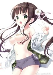 Rule 34 | 1girl, :d, bandaid, bandaids on nipples, breasts, brown hair, camouflage, collarbone, commentary request, cowboy shot, fingernails, flower, gochuumon wa usagi desu ka?, green eyes, grey shorts, hair flower, hair ornament, hair ribbon, hand up, jacket, large breasts, long hair, long sleeves, neki (wakiko), off shoulder, open clothes, open jacket, open mouth, pasties, pink ribbon, ribbon, short shorts, shorts, simple background, sleeves past wrists, smile, solo, twintails, twitter username, ujimatsu chiya, very long hair, w, white background, white flower, white jacket