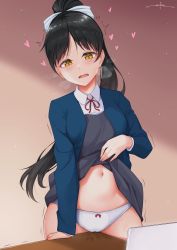 Rule 34 | 1girl, arm support, artist name, black hair, blue jacket, blush, bow, bow panties, breasts, clothes lift, collared shirt, commentary, cowboy shot, crotch rub, dress, dress lift, female masturbation, grey dress, hair bow, hand up, hazuki ren, heart, heart in eye, heavy breathing, high ponytail, highres, indoors, jacket, lifting own clothes, light particles, long hair, long sleeves, looking away, looking down, love live!, love live! superstar!!, masturbation, masturbation through clothes, medium breasts, navel, neck ribbon, open clothes, open jacket, open mouth, panties, ponytail, pussy juice stain, red bow, red ribbon, ribbon, school uniform, shirt, signature, solo, standing, stomach, striped, striped bow, sweat, symbol in eye, table, table humping, tablet pc, trembling, underwear, unsfrau, very long hair, wavy mouth, white bow, white panties, white shirt, yellow eyes, yuigaoka school uniform