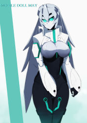 Rule 34 | 1girl, absurdres, android, aqua eyes, breasts, commentary request, gundam, gundam build divers, gundam build divers re:rise, highres, joints, large breasts, legs together, long hair, looking at viewer, may (gundam build divers re:rise), no mouth, robot, robot joints, shiny skin, silver hair, solo, standing, tonotyama