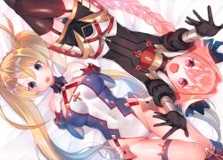 Rule 34 | 1boy, 1girl, absurdres, astolfo (fate), bare shoulders, black bow, black skirt, black thighhighs, blonde hair, blue eyes, blush, bow, bowtie, bradamante (fate), bradamante (first ascension) (fate), braid, breasts, cleavage, covered navel, elbow gloves, fate/grand order, fate (series), french braid, from above, gloves, gluteal fold, hair between eyes, hair intakes, highleg, highleg leotard, highres, huge filesize, leotard, long hair, looking at viewer, multicolored hair, open mouth, pink hair, purple eyes, scan, short hair, single braid, skirt, smile, streaked hair, suzuho hotaru, thighhighs, thighs, trap, twintails, underwear, very long hair