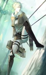 Rule 34 | 1girl, annie leonhart, bad id, bad pixiv id, blonde hair, blue eyes, boots, cropped jacket, forest, highres, hood, hoodie, jacket, knee boots, leather, leather jacket, looking at viewer, moga, nature, shingeki no kyojin, short hair, solo, spread legs, sword, three-dimensional maneuver gear, tree, uniform, weapon