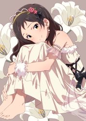Rule 34 | 10s, 1girl, bad id, bad pixiv id, bare shoulders, barefoot, blush, brown eyes, brown hair, dress, easter lily, feet, flower, hands on feet, highres, idolmaster, idolmaster million live!, kitazawa shiho, hugging own legs, lily (flower), long hair, looking at viewer, matching hair/eyes, red10, smile, solo, tiara, white dress