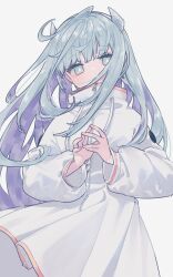 Rule 34 | 1girl, blue eyes, blue hair, blunt bangs, blush, closed mouth, coat, commentary request, cowboy shot, drawstring, expressionless, grey background, hair ornament, high collar, highres, indie virtual youtuber, long hair, long sleeves, looking at viewer, mimelond, own hands together, simple background, solo, somunia, standing, very long hair, virtual youtuber, white coat, wind