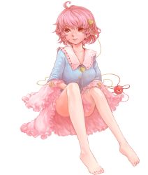 Rule 34 | 1girl, ahoge, bare legs, barefoot, between legs, blouse, blue shirt, breasts, frilled sleeves, frills, full body, hand between legs, hand on own thigh, heart, highres, knees up, komeiji satori, light smile, lips, long sleeves, looking to the side, ma nyan (nyao mao nyao), medium breasts, pale color, pink eyes, pink hair, pink skirt, shirt, short hair, simple background, sitting, skirt, solo, third eye, touhou, upskirt, white background