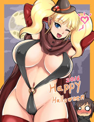 Rule 34 | 1boy, 1girl, 2016, armpits, arms up, bad id, bad pixiv id, black hair, blonde hair, blue eyes, breasts, elbow gloves, covered erect nipples, fang, full moon, gloves, halloween, happy halloween, hat, heart, large breasts, long hair, moon, navel, nekuraneko, night, one eye closed, original, red gloves, red legwear, short hair, smile, swimsuit, twintails, witch hat