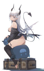 Rule 34 | 1girl, absurdres, ahoge, ass, black bra, black sweater, black thighhighs, blue eyes, bra, breasts, creature, demon girl, demon horns, demon tail, highres, horns, large breasts, long hair, looking at viewer, nekojira, off shoulder, original, pointy ears, sitting, solo, suitcase, sweater, tail, thea (nekojira), thighhighs, thighs, torn clothes, torn thighhighs, underwear, white background, white hair, wings
