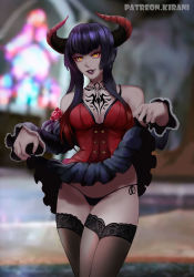 Rule 34 | 1girl, black panties, black thighhighs, breasts, cameltoe, chest tattoo, clothes lift, curtsey, demon horns, detached sleeves, eliza (tekken), eyeshadow, fingernails, flower, gothic lolita, gradient hair, highres, horns, kirani, lace, lace-trimmed legwear, lace trim, lifted by self, lipstick, lolita fashion, makeup, medium breasts, multicolored hair, nail polish, namco, pale skin, panties, patreon username, purple hair, purple lips, purple nails, red hair, rose, seamed legwear, see-through, see-through legwear, sharp fingernails, short hair with long locks, side-tie panties, slit pupils, solo, spaghetti strap, tattoo, tekken, tekken 7, thighhighs, underwear, vampire, yellow eyes