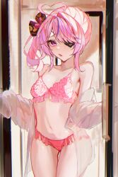 Rule 34 | 1girl, absurdres, ahoge, bare shoulders, black bow, blush, bow, bra, breasts, collarbone, commentary, cowboy shot, eyepatch, frilled bra, frilled panties, frills, hair bow, heart, heart ahoge, highres, indoors, long sleeves, looking at viewer, maria marionette, multicolored hair, naokomama, navel, nijisanji, nijisanji en, off shoulder, open mouth, panties, pink bra, pink eyes, pink hair, pink panties, purple hair, see-through, see-through shirt, side ponytail, small breasts, solo, standing, stomach, streaked hair, underwear, virtual youtuber