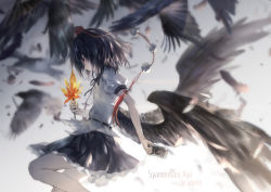 Rule 34 | 1girl, artist name, azomo, bird, bird wings, black hair, blurry, blurry background, camera, character name, crow, depth of field, feathers, flying, from side, hat, highres, leaf, looking down, low wings, maple leaf, profile, puffy short sleeves, puffy sleeves, red eyes, shameimaru aya, shirt, short hair, short sleeves, solo, tokin hat, touhou, white shirt, wings