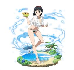 Rule 34 | 1girl, anklet, ball, bare shoulders, beachball, bikini, black eyes, black hair, blue flower, breasts, cleavage, collarbone, flower, food, frilled bikini, frills, fruit, full body, green bikini, hair ornament, hairband, hairclip, holding, holding food, holding fruit, jewelry, kirigaya suguha, large breasts, leaning forward, leg up, looking at viewer, navel, necklace, palm tree, parted lips, red hairband, see-through, shirt, short hair, simple background, solo, standing, standing on one leg, stomach, striped bikini, striped clothes, swimsuit, sword art online, tied shirt, tree, water, white background, white shirt