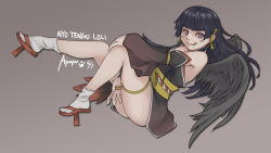 Rule 34 | 1girl, :q, aged down, black hair, bula, dead or alive, dead or alive 5, detached sleeves, geta, gradient background, hand fan, highres, japanese clothes, mole, mole under mouth, nyotengu, purple eyes, socks, solo, tengu-geta, tongue, tongue out, wings
