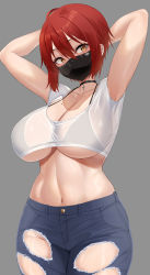 Rule 34 | 1girl, absurdres, ahoge, arms up, bare shoulders, bikini, bikini top only, black choker, breasts, casual, choker, cleavage, crop top, cross, cross choker, curvy, denim, ear piercing, hair between eyes, highres, hotate-chan, jeans, large breasts, looking to the side, mask, mole, mole on breast, mole under eye, mouth mask, navel, original, pants, piercing, red hair, see-through, shirt, short hair, stomach, swimsuit, thighs, torn clothes, torn jeans, torn pants, white shirt