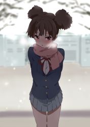 Rule 34 | 1girl, arms behind back, blazer, blush, bow, breath, brown hair, double bun, frown, hair bun, hair up, jacket, k-on!, looking away, mayuge1017, meatbuns, open mouth, red eyes, scarf, school, school uniform, short twintails, snow, solo, standing, suzuki jun, thigh gap, thighs, twintails