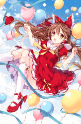 Rule 34 | 1girl, alternate costume, ass, balloon, blue sky, blush, brown hair, confetti, convenient censoring, day, dress, dutch angle, flying, hair ribbon, hair tubes, hakurei reimu, high heels, kneehighs, long hair, looking at viewer, mary janes, mochizuki shiina, open mouth, puffy sleeves, red dress, ribbon, shoes, short sleeves, sky, socks, solo, touhou, white socks
