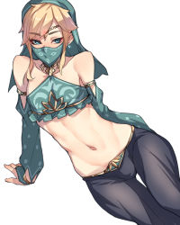 Rule 34 | 1boy, arabian clothes, arm support, bad id, bad pixiv id, ban! (bansankan), bare shoulders, bridal gauntlets, bulge, closed mouth, collarbone, covering own mouth, cowboy shot, crossdressing, earrings, elbow gloves, frills, gerudo set (zelda), gloves, gold trim, halterneck, headpiece, highres, jewelry, leaning to the side, link, looking at viewer, male focus, mouth veil, navel, nintendo, polka dot, see-through, short hair with long locks, sidelocks, simple background, sitting, sketch, smile, stomach, the legend of zelda, the legend of zelda: breath of the wild, thick eyebrows, thigh gap, trap, veil, white background