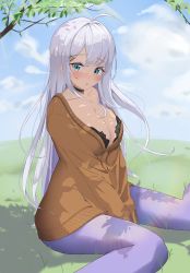 Rule 34 | 1girl, absurdres, ahoge, bare shoulders, between legs, black bra, blush, bra, branch, breasts, cleavage, collarbone, feet out of frame, frilled sweater, grass, green eyes, hair ornament, hairclip, hand between legs, highres, lace, lace-trimmed bra, lace trim, large breasts, leaf, long hair, long sleeves, looking at viewer, open mouth, original, pantyhose, purple pantyhose, rainbow, sitting, sky, sogogy, solo, sunlight, sweater, underwear, white hair