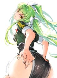 Rule 34 | 1girl, artist name, ass, ass grab, c.c., code geass, cosplay, creayus, from behind, green hair, hands on own hips, kantai collection, long hair, looking at viewer, looking back, remodel (kantai collection), simple background, smile, solo, tone (kancolle), tone (kantai collection) (cosplay), twintails, twitter username, white background, yellow eyes