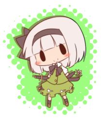 1girl blush bow chibi female_focus flat_color flower hair_bow halftone halftone_background katana konpaku_youmu mori_no_kaeru plant simple_background skirt solo sword touhou weapon white_background white_hair |_|