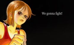Rule 34 | 1girl, angry, black background, clenched hand, commentary, linerynlasgalen, looking ahead, nami (one piece), one piece, orange eyes, orange hair, red tank top, short hair, sidelocks, solo, symbol-only commentary, tank top, upper body