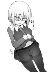 Rule 34 | 1girl, blush, breasts, clothes lift, eyes visible through hair, fate/grand order, fate (series), glasses, greyscale, jp06, looking at viewer, mash kyrielight, medium breasts, monochrome, navel, necktie, open mouth, panties, pantyhose, short hair, skirt, skirt lift, solo, underwear