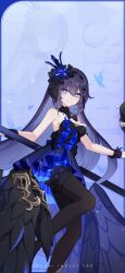 Rule 34 | bare shoulders, black bracelet, black dress, black footwear, black hair, black headwear, blue background, blue theme, character name, chinese commentary, closed mouth, colored inner hair, dress, hair between eyes, highres, holding, holding scythe, honkai (series), honkai impact 3rd, long hair, multicolored hair, official alternate costume, official art, official wallpaper, open hand, orb, scythe, seele vollerei, seele vollerei (herrscher of rebirth), smile, very long hair, weapon