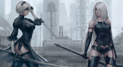 Rule 34 | 2girls, android, artist name, bare shoulders, black dress, black gloves, black thighhighs, blindfold, blindfold lift, blue eyes, collarbone, dress, elbow gloves, gloves, grey eyes, hair over one eye, hairband, highres, holding, holding weapon, katana, lips, long hair, mole, mole under mouth, multiple girls, nier (series), nier:automata, puffy sleeves, rain, realistic, revision, sciamano240, short hair, short shorts, shorts, signature, silver hair, skirt, sword, thigh gap, thighhighs, torn clothes, torn legwear, watermark, weapon, wet, wet hair, 2b (nier:automata), a2 (nier:automata)