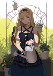 Rule 34 | 1girl, android, bare shoulders, black dress, blonde hair, blue eyes, breasts, dress, highres, long hair, looking at viewer, medium breasts, original, plant, potted plant, sakura sora, sleeveless, sleeveless dress, solo, watering can, wristband