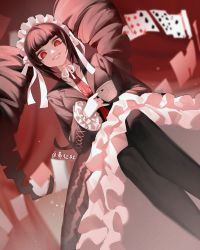 Rule 34 | 1girl, black dress, black jacket, black nails, black thighhighs, blunt bangs, card, celestia ludenberg, collared shirt, cup, danganronpa: trigger happy havoc, danganronpa (series), dress, drill hair, dutch angle, frilled dress, frilled sleeves, frills, gothic lolita, grey shirt, grin, highres, holding, holding cup, huang du du, jacket, lolita fashion, long hair, long sleeves, nail polish, necktie, open clothes, open jacket, playing card, print necktie, red background, red eyes, red necktie, shirt, smile, solo, teeth, thighhighs, translation request, twin drills, twintails