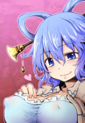 Rule 34 | 1girl, blue eyes, blue hair, blush, breasts, cleavage, covered erect nipples, dra (area-s), dress, female focus, hair ornament, hair rings, hair stick, hand on breast, heart, kaku seiga, large breasts, matching hair/eyes, short hair, smile, solo, touhou, upper body, vest