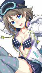 Rule 34 | 1girl, bikini, blue eyes, breasts, collarbone, goggles, goggles on head, grey hair, hat, headphones, jacket, large breasts, looking at viewer, love live!, love live! sunshine!!, open clothes, open jacket, simple background, skirt, swimsuit, thighhighs, waste-man, watanabe you