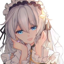 Rule 34 | 1girl, blue eyes, earrings, emio, hair between eyes, hair ornament, hands on own cheeks, hands on own face, highres, honkai (series), honkai impact 3rd, jewelry, looking at viewer, open mouth, shadow, simple background, solo, teeth, theresa apocalypse, theresa apocalypse (celestial hymn), twintails, white background, white hair