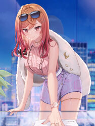 Rule 34 | 1girl, absurdres, bare shoulders, blurry, blurry background, blush, breasts, cityscape, coat, coat on shoulders, earrings, eyewear on head, fur coat, glass table, gradient hair, hair ornament, hairclip, high-waist skirt, highres, hololive, hololive dev is, ichijou ririka, jewelry, large breasts, leaning forward, long hair, looking at viewer, multicolored hair, nail polish, orange eyes, orange hair, orange nails, pendant choker, pink shirt, purple skirt, reaching, reaching towards viewer, red eyes, red hair, ring, runlan 0329, shirt, shirt tucked in, single earring, skirt, sleeveless, sleeveless shirt, smile, solo, sunglasses, table, thighlet, virtual youtuber, watch, wristwatch