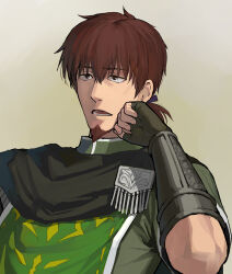Rule 34 | 1boy, b suke, black cape, brown eyes, brown hair, cape, facial hair, fate/grand order, fate (series), fingerless gloves, gloves, goatee, green shirt, hector (fate), highres, male focus, parted lips, ponytail, portrait, shirt, short hair, simple background, solo, tabard, vambraces