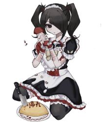 Rule 34 | 1girl, ame-chan (needy girl overdose), apron, black dress, black hair, black thighhighs, bottle, collared dress, dress, food, frilled apron, frilled dress, frills, hair ornament, hair over one eye, hands up, highres, holding, holding bottle, interlocked fingers, ketchup, ketchup bottle, knife, long hair, looking at viewer, maid, maid headdress, needy girl overdose, official alternate costume, omelet, omurice, own hands together, plate, puffy short sleeves, puffy sleeves, self-harm scar, short sleeves, sitting, solo, sweets paradise, thighhighs, twintails, uxvqx, white apron, white background, wrist cuffs, x hair ornament