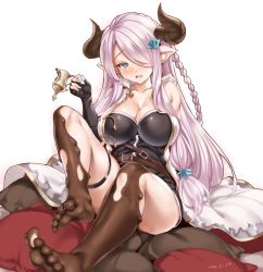 Rule 34 | 10s, 1girl, barefoot, belt, blush, braid, breasts, cape, chocolate, chocolate on foot, cle masahiro, cleavage, collarbone, draph, feet, granblue fantasy, hair ornament, hair over one eye, hairpin, heart, heart-shaped pupils, highres, horns, large breasts, light purple hair, looking at viewer, narmaya (granblue fantasy), open mouth, pointy ears, grey eyes, simple background, single braid, sitting, soles, solo, symbol-shaped pupils, teeth, thigh strap, toes, white background