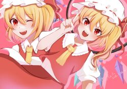 Rule 34 | 1girl, ascot, blonde hair, cowboy shot, crystal, dress, dutch angle, fang, flandre scarlet, hat, highres, looking at viewer, medium hair, mohuo495, one eye closed, open mouth, red eyes, red ribbon, ribbon, side ponytail, solo, touhou, yellow ascot