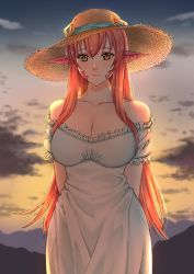Rule 34 | 1girl, absurdres, arms behind back, bare shoulders, breasts, cleavage, cloud, cloudy sky, commission, commissioner upload, dress, evening, hat, hat ornament, highres, hill, lamia, large breasts, long hair, looking at viewer, miia (monster musume), monster girl, monster musume no iru nichijou, moon mirage, pointy ears, red hair, scales, sky, slit pupils, smile, solo, standing, straw hat, sundress, sunset, wide hips, yellow eyes