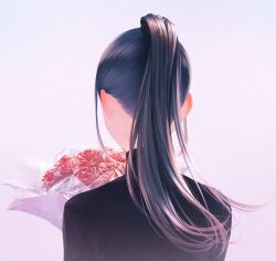 Rule 34 | 1girl, absurdres, black hair, black sweater, bouquet, commentary, facing away, flower, from behind, grey background, high ponytail, highres, holding, holding bouquet, long hair, original, red flower, red rose, rose, sidelocks, simple background, solo, sousou (sousouworks), sweater, turtleneck, turtleneck sweater, upper body