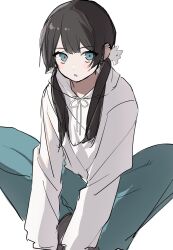 Rule 34 | 1girl, ahute, black hair, blue eyes, feet out of frame, green pants, hair ornament, hands on feet, highres, jacket, long hair, looking at viewer, original, pants, parted lips, simple background, sketch, solo, twintails, white background, white jacket