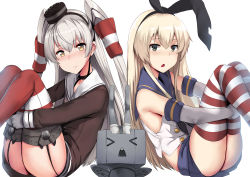 Rule 34 | 10s, 2girls, :o, absurdres, amatsukaze (kancolle), anchor hair ornament, bare shoulders, black hairband, black hat, black neckerchief, black ribbon, blonde hair, blue eyes, blue sailor collar, blue skirt, brown dress, buttons, chestnut mouth, closed mouth, collarbone, double-breasted, dress, elbow gloves, garter straps, gloves, hair between eyes, hair ornament, hair tubes, hairband, hands on thighs, hat, headgear, highres, huge filesize, jitome, kantai collection, knees up, long hair, long sleeves, looking at viewer, machinery, ming (torga), mini hat, miniskirt, multiple girls, neckerchief, open mouth, pleated skirt, rensouhou-chan, ribbon, sailor collar, sailor dress, school uniform, serafuku, shimakaze (kancolle), shirt, simple background, sitting, skirt, sleeveless, sleeveless shirt, striped clothes, striped legwear, striped thighhighs, thighhighs, turret, white background, white gloves, white shirt
