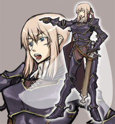Rule 34 | 1girl, 2000, armor, black armor, blonde hair, breastplate, cape, enoshima iki, fantasy, gauntlets, greaves, neckerchief, neckwear request, open mouth, original, pointing, scar, solo, sword, teeth, tongue, upper teeth only, weapon