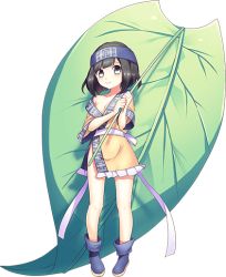 Rule 34 | 1girl, artist request, black hair, blue footwear, blue headband, boots, breasts, clothing request, full body, headband, holding, holding leaf, leaf, medium hair, mini person, minigirl, monster musume no iru nichijou, monster musume no iru nichijou online, official art, shinotcha (monster musume), small breasts, solo, transparent background