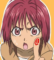 Rule 34 | 1girl, ahoge, angry, armony eiselstein, bad id, bad pixiv id, fingerprint, fullmetal alchemist, looking at viewer, open mouth, orange background, pointing, red eyes, red hair, shiro coffee (saiga), short hair, solo, sweat, sweatdrop