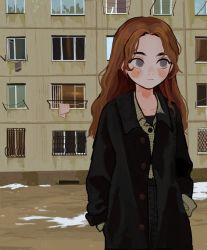 Rule 34 | 1girl, black coat, black pants, blush, brown hair, building, buttons, coat, collared shirt, commentary, english commentary, expressionless, green shirt, grey eyes, hands in pockets, io (onisarashi), long hair, long sleeves, looking to the side, mole, mole on cheek, mole on chest, mole on forehead, mole on neck, original, pants, parted bangs, shirt, snow, solo, standing, trench coat
