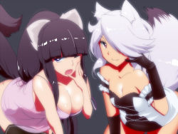 Rule 34 | 2girls, animal ears, bare shoulders, black gloves, black hair, black legwear, blue eyes, breasts, chemise, cleavage, collarbone, elbow gloves, fox ears, fox tail, gloves, hair over eyes, hime cut, hyudora, large breasts, long hair, looking at viewer, multiple girls, naked shirt, one eye closed, open mouth, original, red eyes, shirt, silver hair, simple background, smile, strap slip, tail, tears, thighhighs, yawning